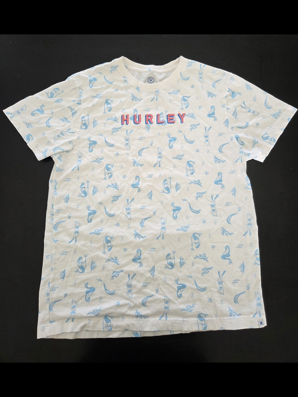 Hurley White Tee with Light Blue Mermaid Print and Red Logo